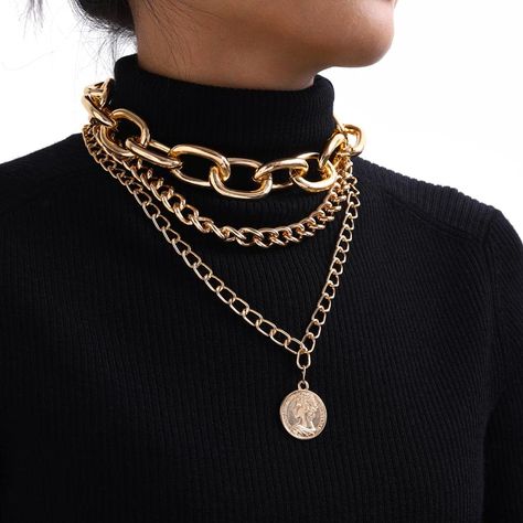 PRICES MAY VARY. Cuban chain choker is made of great quality alloy material. It looks simple but stylish to wear and easy to wear with most kinds of clothes Layered pendant necklace has 15cm/5.9in extension chain to adjust and you can wear two or one separately, or three together. Gold cuban necklaces make a perfect gift for both women. We hope everyone get the best wishes and the sincere words from time to time pull at your heart. Short gold necklaces will go with everything and make your outfi Black Outfit Gold Accessories, Chunky Necklace Outfit, Accessories Black Women, Short Gold Necklace, Chain Outfit, Dark Spring, Chunky Choker Necklace, Thick Necklace, Choker Necklace Gold