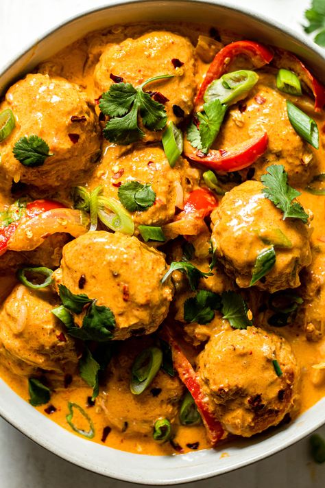 Thai Red Curry Meatballs Meatballs With Curry Sauce, Thai Curry Meatballs, Red Curry Meatballs, Chicken Meatballs With Thai Coconut Curry Sauce, Red Thai Coconut Curry Chicken, Thai Turkey Meatballs In Coconut Red Curry Sauce, Curry Meatballs, Red Curry Sauce, Dairy Free Recipes Easy