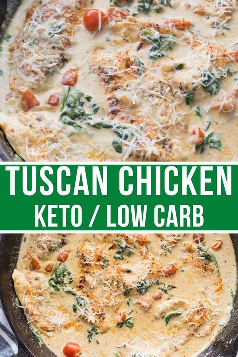 A low carb, keto-friendly skillet meal made with chicken breasts, a creamy garlicky alfredo sauce, spinach, and tomatoes. This Italian Tuscan garlic chicken recipe is easy and perfect for making any weeknight! Tuscan Chicken Sides, Keto Chicken And Spinach Recipes, Keto Recipes With Spinach, Italian Keto Recipes, Low Carb Chicken Recipes For Dinner, Keto Tuscan Chicken, Keto Chicken Breast Recipes, Meals To Make With Chicken, Creamy Tuscan Chicken Recipe