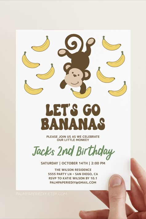 Monkey Theme Birthday Ideas. Let's Go Bananas to celebrate a little monkey. Banana theme Bday for kids! Monkey Birthday Invitations, 2nd Birthday Monkey Theme, Monkey Birthday Party Ideas, Monkey First Birthday Boy, Monkey Birthday Theme, Banana Birthday Theme, Banana Themed Birthday Party, Go Bananas Birthday, Monkey Themed Birthday Party