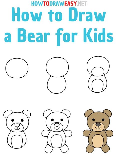 How to Draw a Bear for Kids step by step Bear Directed Drawing Preschool, Draw A Teddy Bear Step By Step, Step By Step Bear Drawing, How To Draw Preschool, How To Draw For Preschoolers, Draw Bear Easy, Teddy Bear Drawing Easy Step By Step, How To Draw Cartoon Animals Step By Step, How To Draw A Bear Step By Step