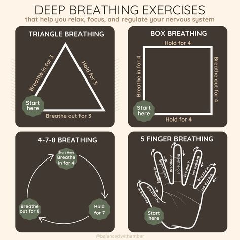 Deep Breathing has so many benefits. It can especially help when you are feeling overwhelmed. There are so many techniques, but here are a few simple options to try! - - - - - #deepbreathingexercises #boxbreathing #emotionalwellness #balancedwithamber #mentalhealthawareness #calm Triangle Breathing, Box Breathing, Nervous System Regulation, Chemical Imbalance, Deep Breathing, Deep Breathing Exercises, Mind Body Connection, Healthy Balance, Emotional Regulation