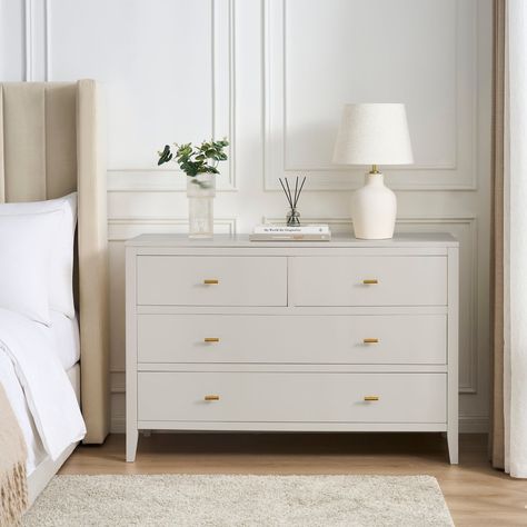 Bring your sense of style to the bedroom with this large chest of drawers from the Poppy bedroom furniture collection.  A stylish addition to any classic or contemporary bedroom interior, the Poppy large chest of drawers is chic, elegant and functional. With four drawers providing plenty of space to keep your bedroom tidy and clutter-free, it’s made with a premium durable material and is built to last. Available in three stunning colours: stone, sage and charcoal, customise this piece to suit your home by choosing between brushed gold effect or black handles.  Why not complete the look with the entire mix-and-match Poppy collection which includes:  Nightstand Bedside Tall Chest Of Drawers Large Chest of Drawers  Console Table / Dressing Table   Assembly required.   DUSK Poppy 4 Drawer Ches Bedroom Tidy, Tall Chest Of Drawers, Large Chest Of Drawers, Table Dressing, 4 Drawer Chest, Black Handles, Tall Chest, 4 Drawer, Drawer Chest