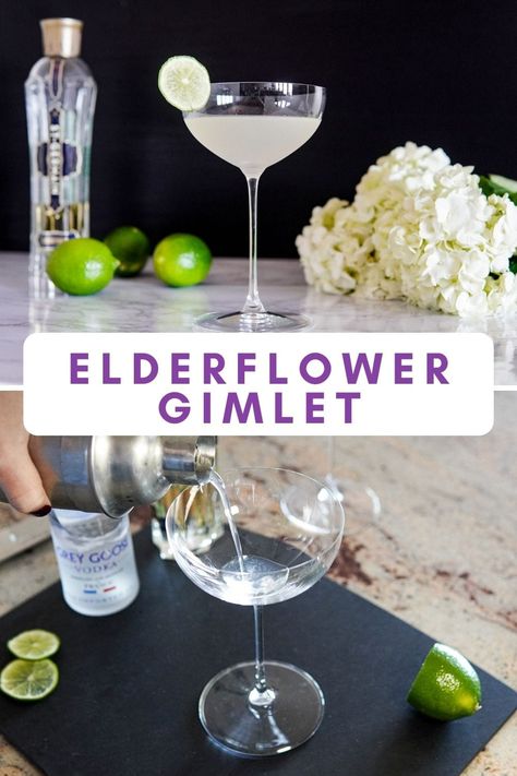 Vodka Elderflower Gimlet Recipe - Very Obsessed Gimlet Cocktail Recipe, Elderflower Vodka Cocktail, Elderflower Martini Vodka, Cocktails With Elderflower Syrup, Cocktails With Elderflower Liquer, Elderflower Syrup Cocktail, Gin And Elderflower Cocktail, Elder Flower Cocktail, Elderflower Gin Cocktail