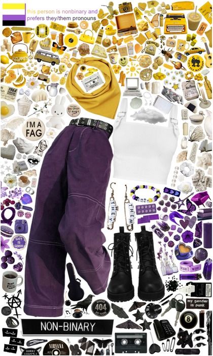 nonbinary pride 💛🤍💜🖤 Outfit | ShopLook Pride Outfit Nonbinary, Adronymous Outfits, Non Binary Outfit Ideas, Nonbinary Outfits, Parade Outfit, Pride Parade Outfit, White Scrunchie, Funshine Bear, Dressing Well