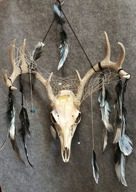 Skull Dream Catcher, Deer Skull Decor, Deer Skull Art, Antler Ideas, Dream Catcher Decor, Antler Crafts, Skull Crafts, Dream Catcher Art, Antler Art