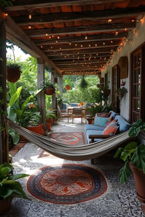 15 Elegant Back Porch Ideas: Crafting Serenity In Your Outdoor Space | DIY Vibes Bohemian Porch, Summer Front Porch Decor, Backyard Hammock, Bohemian Outdoor, Boho Patio, Summer Porch, Garden Wallpaper, Cozy Outdoor, Bamboo Shades