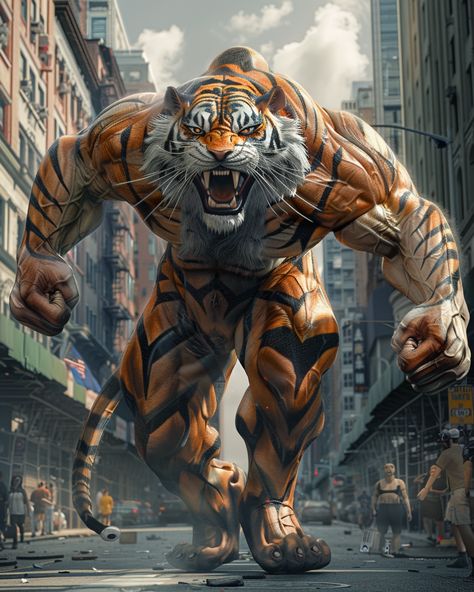 Giant Tiger Running Through City Streets Tiger Running, Giant Tiger, Inspirational Digital Art, Tiger Costume, Realistic Illustration, Colored Pictures, Photography Movies, Strong Muscles, Photography Games