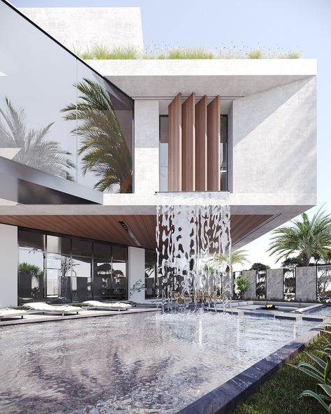 Villa Facade Design, Dubai Villa, Luxury Pools Backyard, Villa Exterior Design, Waterfall House, Architecture Contemporary, Urban Design Concept, Expect Nothing, Contemporary Hotel