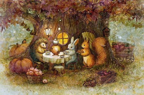 Artist - Galina Egorenkova 동화 삽화, Storybook Art, Under A Tree, Autumn Illustration, Fairytale Art, Woodland Creatures, Beatrix Potter, Childrens Illustrations, Malbec