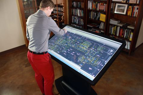 The Drafting table is angled at 30 degrees for a digital take on architectural, design and... Touch Screen Table, Touch Screen Kiosk, Interactive Kiosk, God Speed, Interactive Walls, Drafting Table, Video Game Rooms, Senior Project, Drawing Table