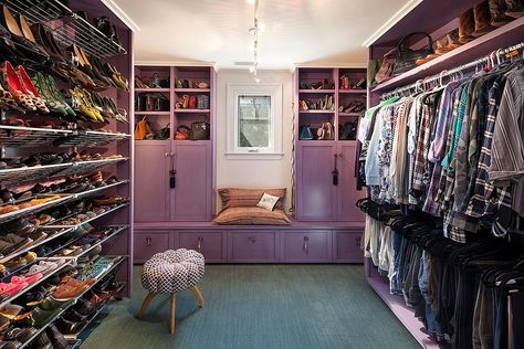 Spacious walk-in closet with plenty of room for dresses, shoes, handbags and more! Purple Closet, Purple Cabinets, Mirrored Wardrobe Doors, Bedroom Eclectic, Farmhouse Side Table, California Closets, Rustic Dining Room, Small Apartment Decorating, Fireplace Makeover