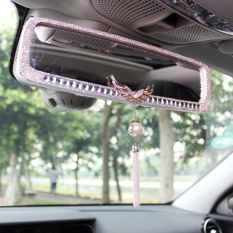 Car Accessories Mirror, Glam Car Interior, Prius Interior Decor, Coquette Car Interior, Coquette Car Accessories, Decorated Cars Interior, Pink Car Decorations Interior, Coquette Car Decor, Mirror Personality