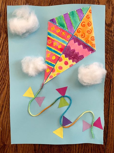 Kite Craft Preschool Art Projects, Kites For Preschoolers, Spring Art For Grade 1, Kite Art Project, Grade 2 Spring Art, Spring Art For 2nd Grade, Kite Projects For Kids, Kite Art For Kids, Kite Craft Ideas