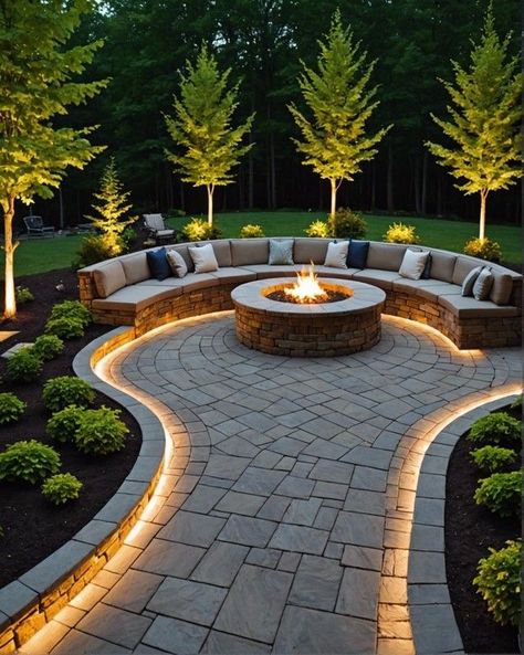 Pavers Off Concrete Patio, Yard Exterior Design, Patio And Yard Design, Garden Ideas With Pergola, Patio Porch Ideas Backyards, Deck Paint Colors Ideas Patio, Tier Landscaping Ideas, Circle Patio With Fire Pit, Curved Concrete Patio Ideas