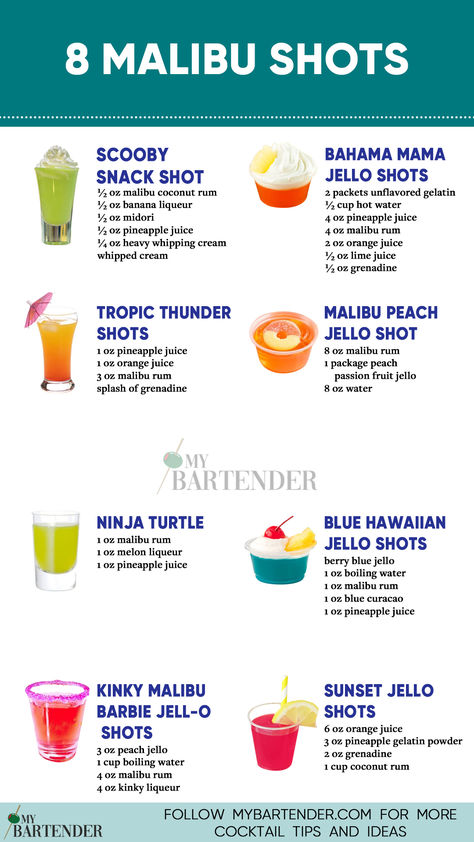 Malibu Shots Hello Shots With Malibu, Signature Cocktail Recipes, Malibu Rum Shots, Malibu Rum Shots Recipes, Luau Party Drinks Alcohol, Malibu Shots Recipes, Summer Shots Alcohol, Alcoholic Drinks Malibu, Drinks To Make With Malibu