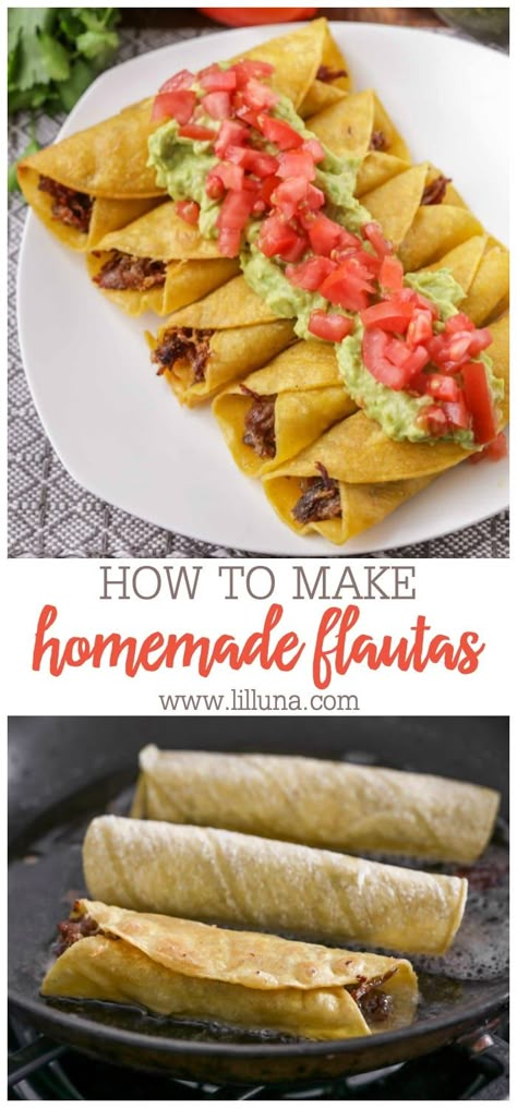 Tortillas filled with meat and cheese and fried to perfection! Crispy, flavorful flautas are a delicious dinner for everyone! #flautas #flautasrecipe #beefrecipes #mexican #mexicanrecipes #mexicandinner Beef Flautas Recipe, Beef Flautas, Authentic Mexican Recipes, Mexican Dinner Recipes, Mexican Dinner, Korean Dishes, Think Food, Carne Asada, Meat And Cheese