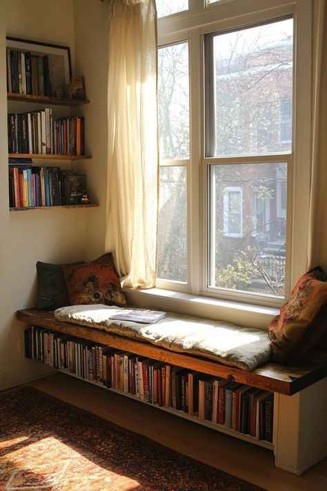 Bench With Book Storage, Library Under Window, Below Window Bookshelves, Book Bench Diy, Low Shelves Under Window, Couch Near Window, Ideas To Store Books, Low Bookshelf Under Window, Book Reading Nook Window Seats