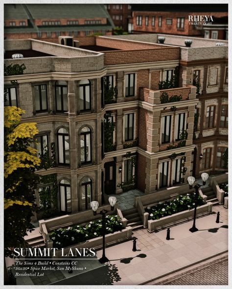 Apartment Buildings New York, Sims Townhouse Floor Plans, Sims Appartement Building, Nyc Bakery Exterior, Museum Aesthetic Exterior, Sims 4 Brownstone Build, Sims Brownstone, Small City House Exterior, New York Apartments Exterior