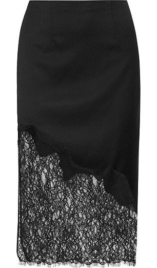 Evana lace-paneled wool-blend crepe skirt by alice + olivia, $330; net-a-porter.com Skirt For Fall, Crepe Skirt, Maxi Lace Skirt, Slinky Dress, Crepe Skirts, Original Fashion, Slip Skirt, Skirt Design, Side Split