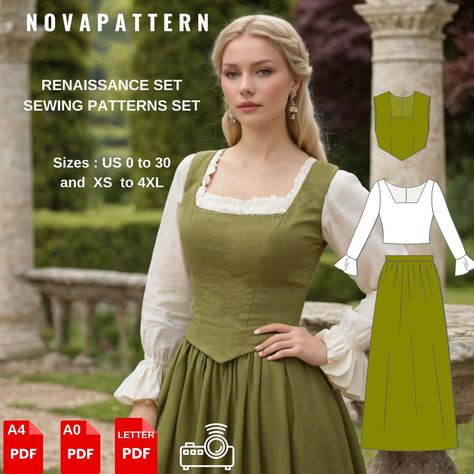 Renaissance Set, available as an instant download (pdf) sewing pattern bundle with a range of size options, including plus sizes  ⭐US Sizes: 2, 4, 6, 8, 10, 12, 14, 16, 18, 20, 22, 24, 26, 28, 30 ⭐Standard Sizes: XS, S, M, L, XL, 2XL, 3XL, 4XL ⭐These patterns are suitable for A4, A0, and US Letter size papers. ⭐Once your payment is processed, you will automatically receive download links for the pattern files. Please note that you can only download the files from a computer; they will not work o Sewing Costumes Women, Peasant Bodice Pattern, 1800s Sewing Patterns, Dress Sewing Inspiration, Hobbit Sewing Pattern, Kurta Sewing Pattern, Cottagecore Dress Sewing Pattern, Sewing Corset Dress, Renisance Costumes