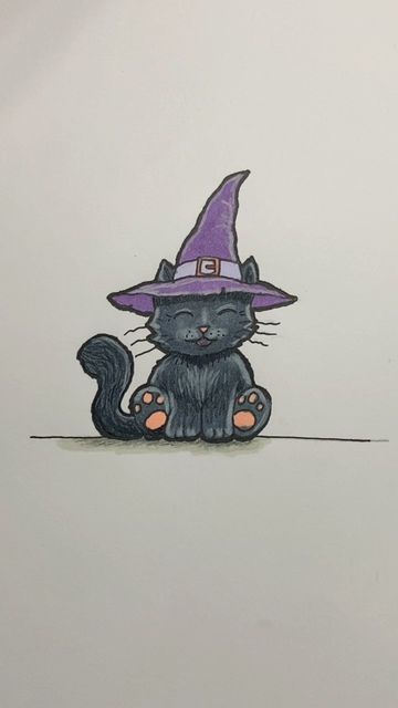 Drawing Witch Hat, Witch Hat Drawing Easy, How To Draw A Witch, Witch Cat Drawing, Witch Drawing Easy, Halloween Witch Drawing, Halloween Cat Drawing, Witch Hat Drawing, Halloween Witch Art