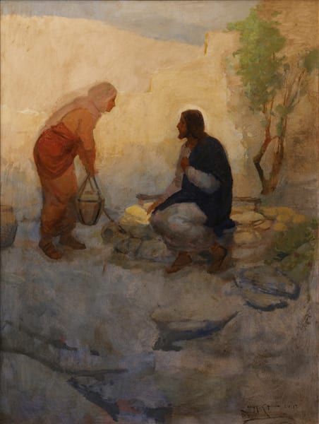 Woman at the Well from the collection of J. Kirk Richards | Artwork Archive J Kirk Richards Art, Paintings Of Christ, Jesus Artwork, Pictures Of Christ, Lds Art, Jesus Christ Art, Catholic Images, Christian Artwork, Pictures Of Jesus Christ