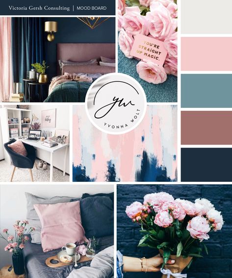 Interior Designer Color Palettes, Pink Navy Blue Living Room, Pink Blue Cream Living Room, Pink Navy And Grey Living Room, Blue Pink And Gray Bedroom, Navy Blue Pink Living Room, Pink Blue And Gray Bedroom, Navy And Mauve Living Room, Blush Navy Bedroom