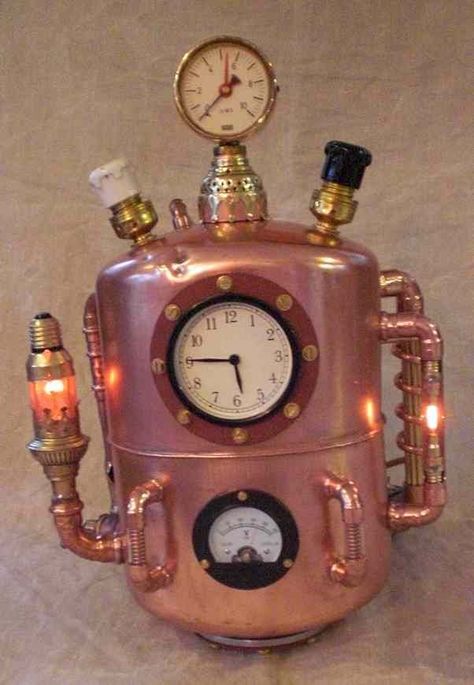 A Steampunk time travel machine as described by H.G. Wells. Copper Welding, Industrial Ideas, Time Travel Machine, Steampunk Gadgets, Halloween Science, H G Wells, Steam Boiler, Steampunk Lighting, Water Tube