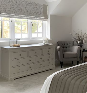 Toulouse Furniture Collection | Top Furniture 2 Chest Of Drawers In Bedroom, Draws In Bedroom, Grey Wood Bedroom Ideas, Long Chest Of Drawers Bedroom, French Grey Bedroom, Bedroom Alcove Ideas, Grey House Decor, Master Room Inspiration, Bedroom Chest Of Drawers Styling