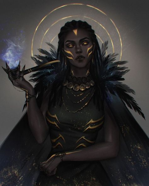 Saga Graphic Novel Art, Black Druid Female, Raven Woman Art, Vibrant Character Design, Black Character Female, Female Wizard Character Design, Black Druid, Raven Character Design, Black Witch Art