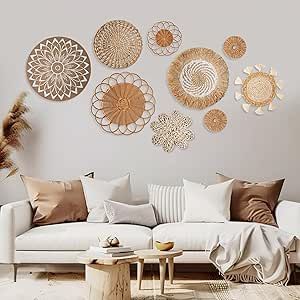 Beige Wall Living Room Decor, Rattan Flower Wall Decor, Boho Accent Wall Decor, Basket Room Decor, Basket Walls Boho Living Room, Boho Wall Collage, Wicker Basket Wall Decor, Boho Wall Decor Living Room, Boho Wall Baskets