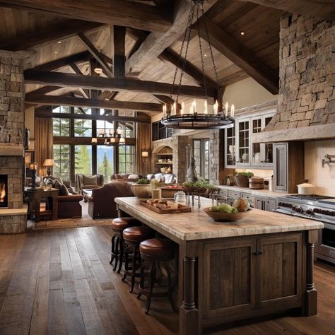 Kitchens In Barndominium, Mountain Style Kitchen, Modern Homestead House, Luxury Barndominium Interior, Mountain Home Kitchens, 2024 Kitchen Cabinet Trends Color, Dream Kitchen Ideas Luxury Modern, Mountain Kitchen Ideas, Modern Mediterranean Kitchen Design