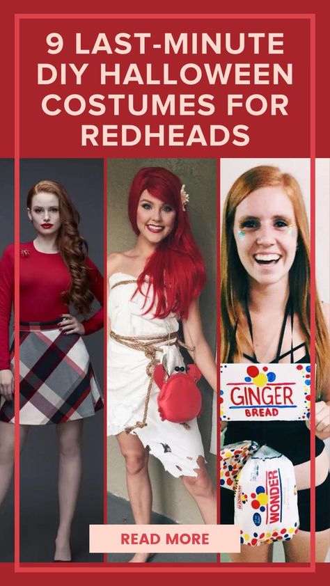 Halloween Costumes For Red Head Women, Redhead Costumes Women, Red Wig Halloween Costumes Ideas, Easy Redhead Costume, Redhair Halloween Costume, Strawberry Blonde Costume Ideas, Easy Halloween Costumes For Redheads, Last Minute Halloween Costumes Red Hair, Costumes For Redheads Women