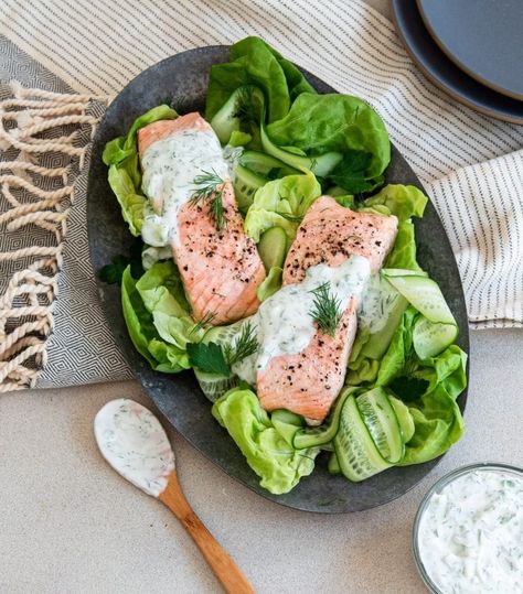 Poached Salmon with Cucumber Dill Sauce - Keto Karma Cold Poached Salmon With Dill Sauce, Cucumber Dill Sauce, Keto Karma, Keto Entrees, Dill Sauce For Salmon, Salmon Food, Cucumber Sauce, Sauce For Salmon, Cucumber Dill