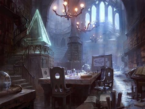 Jace's Sanctum by Adam Paquette / AdamPaquette on DeviantArt | © Wizards of the Coast Dnd Interior Art, Scifi Library Concept Art, Dnd Castle Art, Dnd Library Art, Magic Library Concept Art, Magic Library Art, Wizard Tower Interior, Dnd Library, Library Concept Art