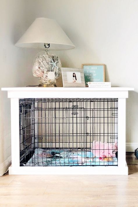 This DIY Dog Crate Furniture Piece Is Easy to Make and Surprisingly Chic.  ##CoolCanine  #HotGiftsforDogLovers   #DogRooms #DogRoomsinHouse   #DogRoomsinHouseBedrooms  #DogRoomsunderTheStairs  #DogRoomsinHouseIdeas Large Dog Crate Small Space, Build Around Dog Crate, Covering Dog Crate Ideas, Diy Sunroom Furniture, How To Build Dog Crate Furniture, Dog Crate Storage Ideas, How To Make A Dog Kennel Look Better, Dog Crate Dresser, Ikea Hack Dog Crate