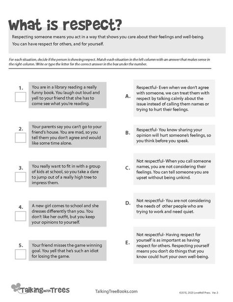 Respect Worksheet- Social Emotional Learning Elementary Respect Worksheet, Social Emotional Learning Elementary, Social Communication Activities, What Is Respect, Respect Lessons, Respect Activities, Family Therapy Activities, Teaching Respect, Education Worksheets