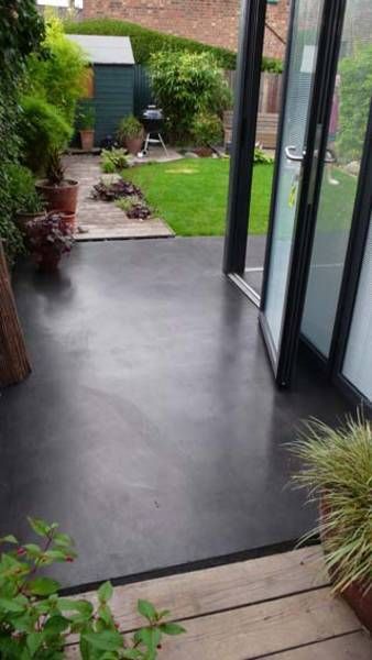 Dark Patio Floor, Grey Stained Concrete Patio, Black Concrete Porch, Black Stained Concrete Patio, Black Patio Floor, Black Concrete Patio, Black Concrete Floors, Black Polished Concrete Floor, Polished Concrete Patio