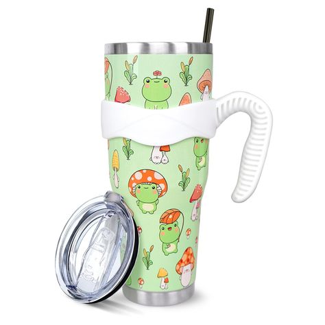 PRICES MAY VARY. Green Frog Cup Design: This green large travel frog mug is printed with cute frog and mushroom pattern on green background, looks very vibrant and special, cute mushroom frog gifts for women, men, frog lovers, frog stuff, frog decorations and accessories. Portable 40oz Tumbler with Handle: This cute 40 oz cup comes with a detachable handle, a lid, and a straw. This large frog coffee mug is convenient for you to carry anywhere, its sturdy handle makes this big green tumbler cup e Frog Decorations, Frog Cup, Mushroom Cup, Women Decor, Frog Stuff, Mushroom Frog, Frog Mushroom, 40 Oz Tumbler With Handle, Mushroom Pattern