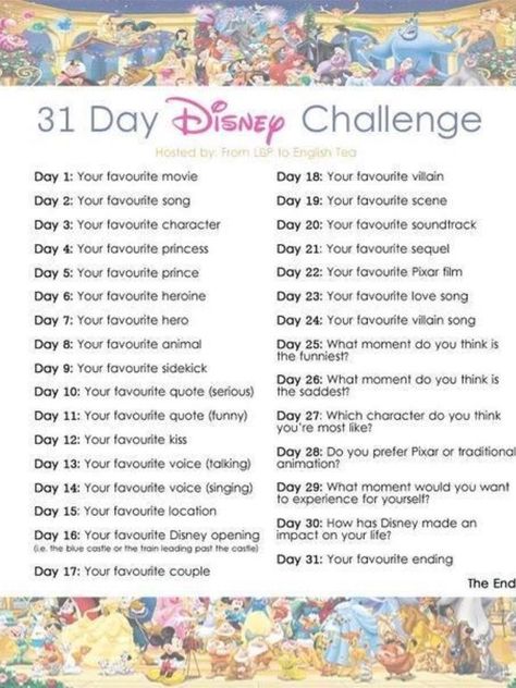 31 day Disney Challenge Disney Movies List, 30 Day Art Challenge, Disney Challenge, 30 Day Drawing Challenge, Journal Challenge, Prințese Disney, Disney Songs, Writing Challenge, English Tea