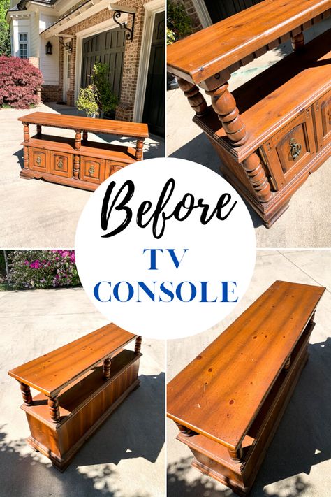 Tv Console Makeover, Console Makeover, Cheap Tv Stand, Painted Tv Stand, Wooden Tv Console, Tv Stand Makeover, Door Redo, Caulk Paint, Thrifted Furniture