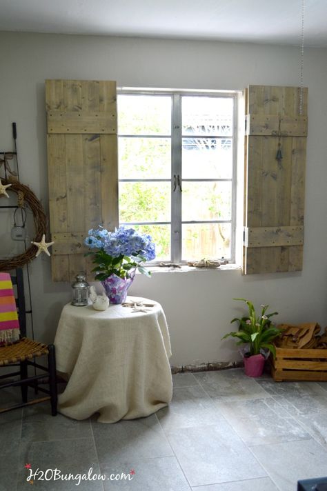 Build your own set of old world inspired wood shutters. Finish raw wood with an aging product and you have a realistic vintage appeal on a DIY budget! Good tutorial. www.H2OBungalow.com #woodworking #powertoolproject Inside Shutters, Diy Wood Shutters, Pallet Upcycling, Shutters Inside, Mexican Bathroom, Indoor Shutters, Outdoor Shutters, Diy Shutters, Wall Planks