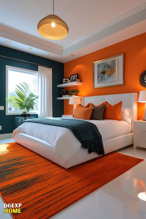 Bright and airy bedroom with an orange wall, white bed, and modern decor. Bedroom Color Combination, Brighter Bedroom, Fall Bedroom Decor, Bedroom Orange, Bedroom Deco, Black Bedroom, Modern Bedroom Design, Room Makeover Bedroom, Decor Home Living Room