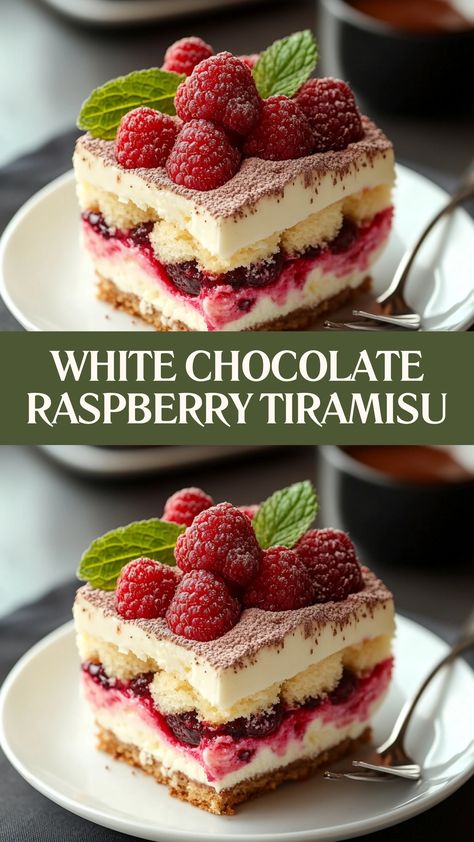 Layers of luscious white chocolate and tangy raspberries make this tiramisu a dessert dream come true! 🍰✨ Perfectly creamy, fruity, and indulgent in every bite.
#SweetLayers #WhiteChocolateLove #RaspberryDelight #TiramisuTwist #DecadentDesserts #BerryBliss #NoBakeMagic #ElegantEats #DessertGoals #IndulgeYourSenses Raspberry Tarimisu, White Cake Trifle Desserts, Ladyfinger Desserts Easy, Chocolate Raspberry Tiramisu, Recipes Using Lady Fingers, Berry Tiramisu Recipe, White Chocolate Raspberry Mousse Cake, Layered Mousse Desserts, White Chocolate Raspberry Trifle