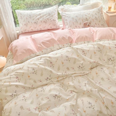 Pale Pink Floral Print Bedding Set | Pastel Aesthetic Bedding - roomtery Floral Print Bedding, Pink Dorm, Pink Shades, Cute Bedroom Decor, Cozy Room Decor, Dream Room Inspiration, Pink Floral Print, Room Makeover Inspiration, Cozy Room