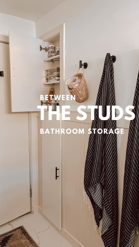 Discover Clever Storage Solutions for Small Bathrooms with Built-In In-Between-the-Studs Storage Built In Storage Above Toilet, Overhead Bathroom Storage, Adding Storage To Bathroom, Small Bathroom Hidden Storage, Built In Over Toilet, Bathroom Cabinet Between Studs, Recessed Bathroom Storage, Bathroom Stud Wall Storage, In The Studs Storage