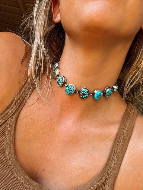 9 Stone Turquoise Choker - Turnback Pony ™ - Necklaces Navy Dress With Turquoise Jewelry, Western Bride Turquoise Jewelry, Turquoise Jewelry Styling, Bridal Turquoise Jewelry, Bride With Turquoise Jewelry, Western Cowgirl Jewelry, Turquoise Choker Necklace, Turquoise Western Jewelry, Turquoise Bridal Jewelry