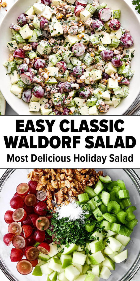 Classic Waldorf salad recipe. Healthy Salad Recipes For Christmas, Salad For Turkey Dinner, Green Salad With Fruit Recipes, Turkey Side Dishes Healthy, Nut Free Salad Recipes, Fresh Side Salad, Christmas Green Side Dishes, No Leaf Salad, Healthy Waldorf Salad