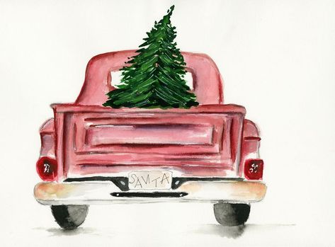 Holiday decor - vintage red truck hauling a Christmas tree watercolor painting Christmas Tree Lot, Santa Is Coming, Watercolor Holiday, He Is The One, Christmas Tree Lots, Vintage Red Truck, Christmas Tree Truck, Decorating For Christmas, Flower Truck